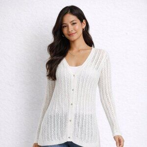 Lafayette 148 White Open Knit Cardigan Size XL Lightweight Button Front Sweater